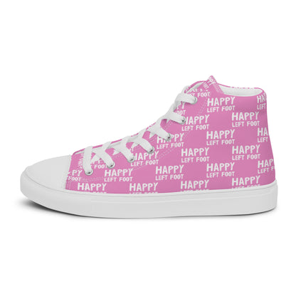 Left shoe side view HappyStuff womens pink high top sneakers with white playful pattern print of Happy Left Foot