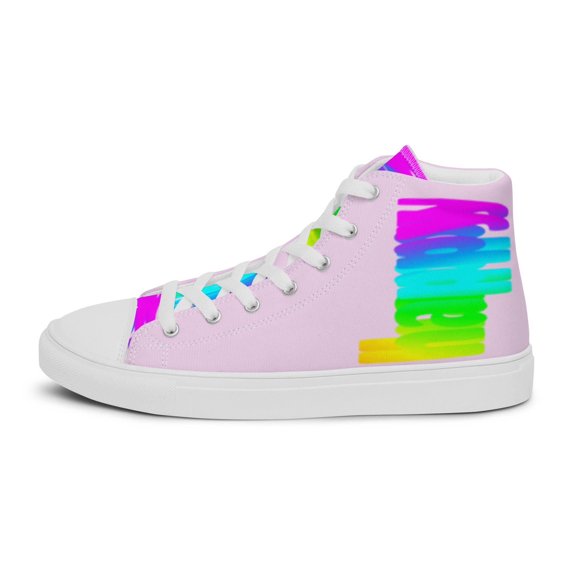 Left shoe side view HappyStuff womens pink high top sneakers Happy Rainbow Painted Print bright colour spectrum rainbow shoes