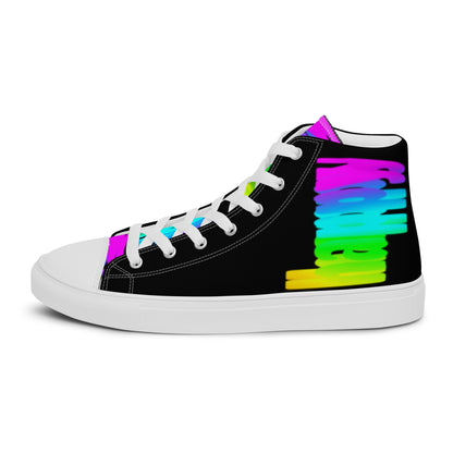 Left shoe side view HappyStuff womens black high top sneakers Happy Rainbow Painted Print bright colour spectrum rainbow shoes