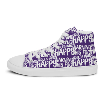 Right shoe inside view HappyStuff womens purple high top sneakers with playful white print Warning This Foot Jiggles When Happy