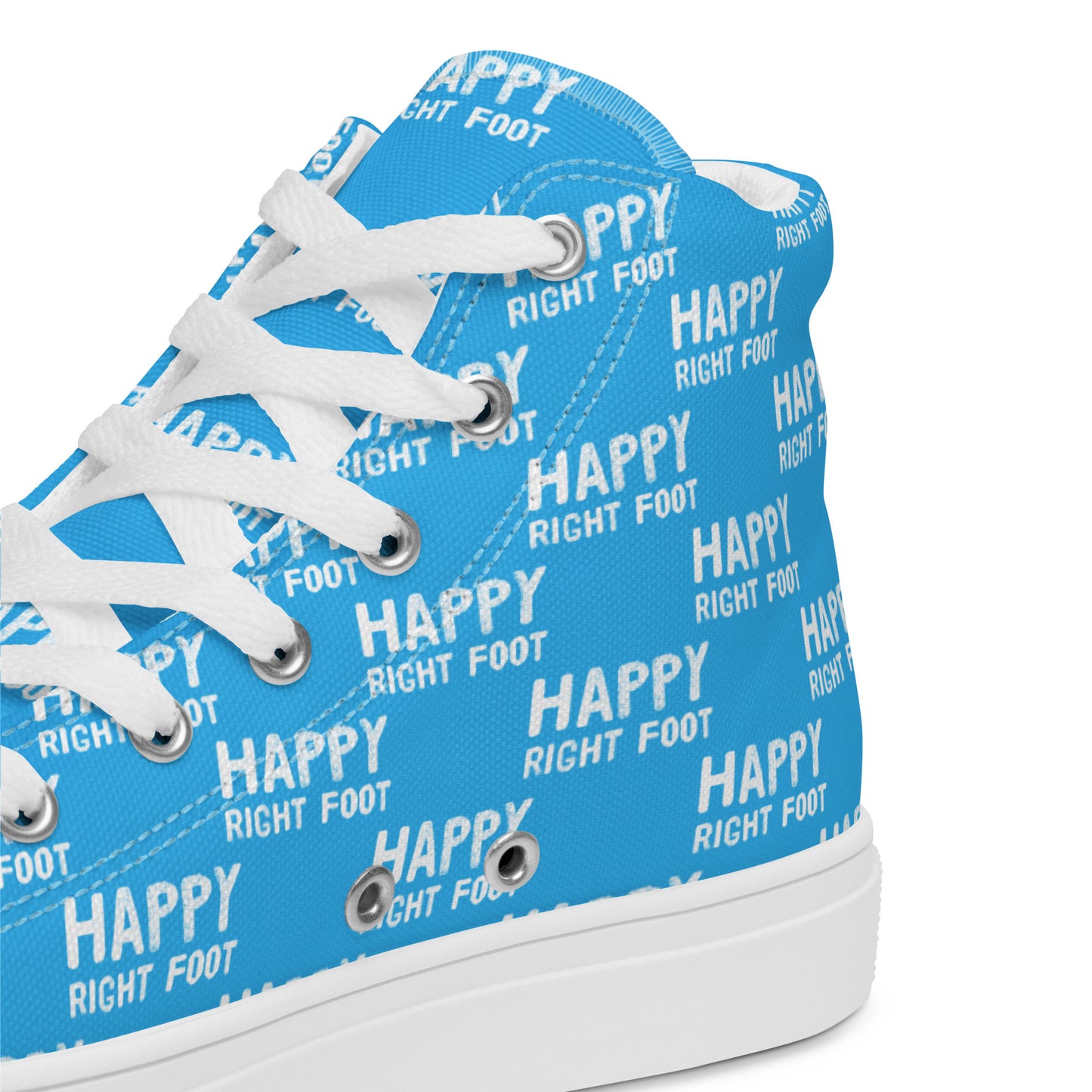 HappyStuff blue high tops with playful Happy Left Foot Happy Right Foot Pattern Print blue and white closeup view inside heel side