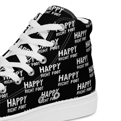 HappyStuff black high tops with playful Happy Left Foot Happy Right Foot Pattern Print black and white closeup view inside heel side