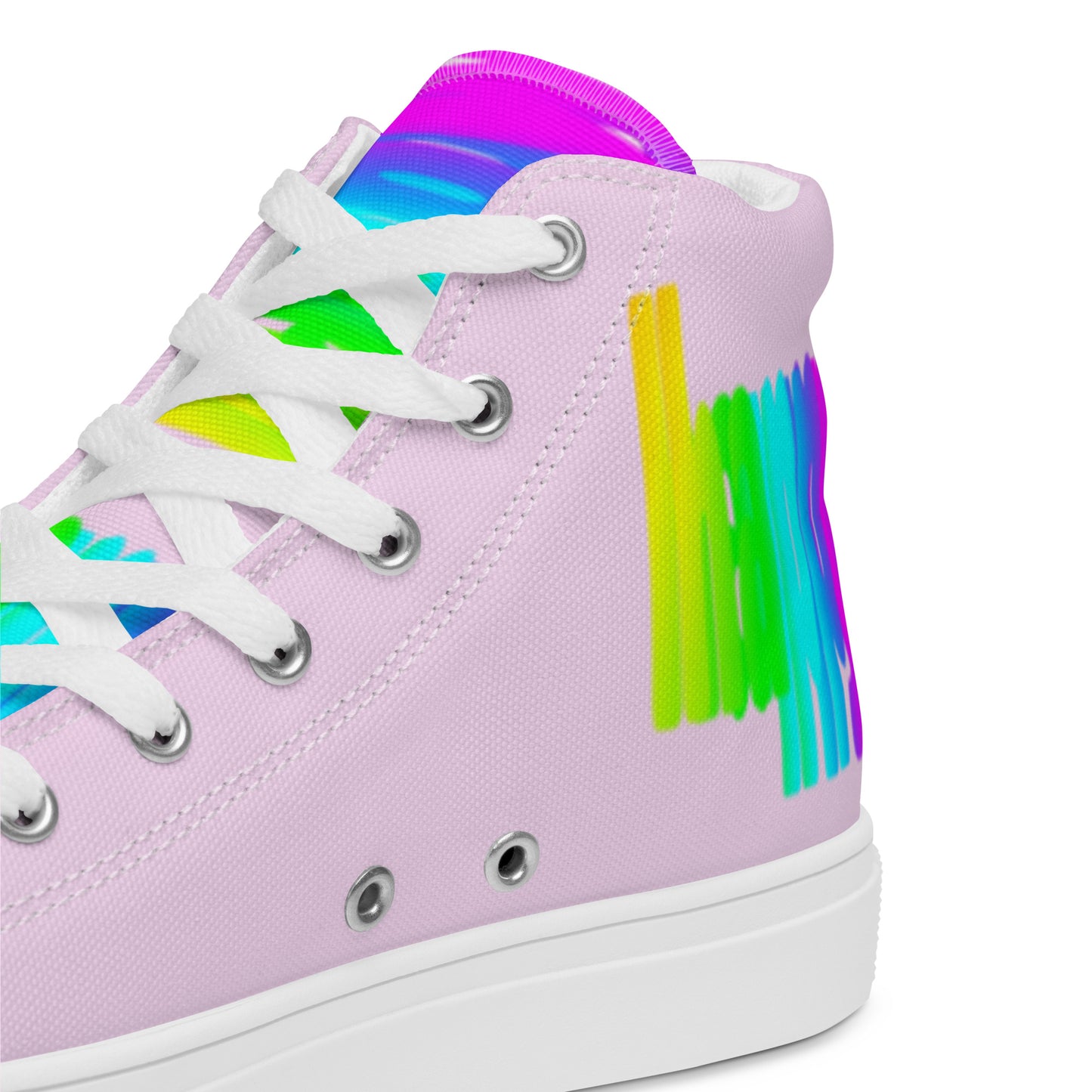 HappyStuff pink high tops rainbow shoes Happy Rainbow Painted Print bright colour spectrum tongue closeup view inside heel side