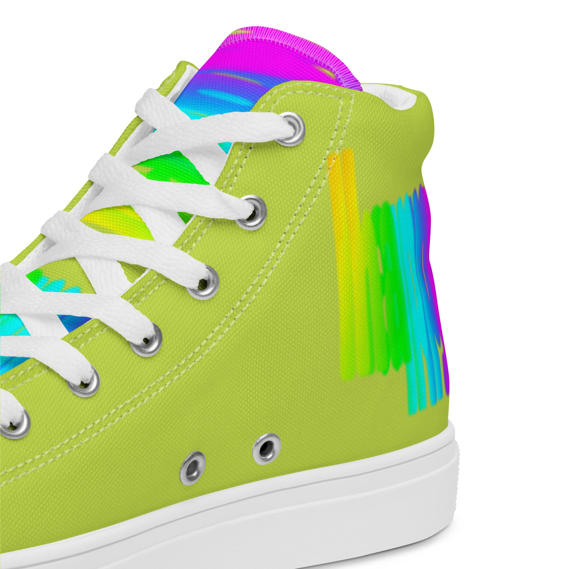 HappyStuff green high tops rainbow shoes Happy Rainbow Painted Print bright colour spectrum tongue closeup view inside heel side