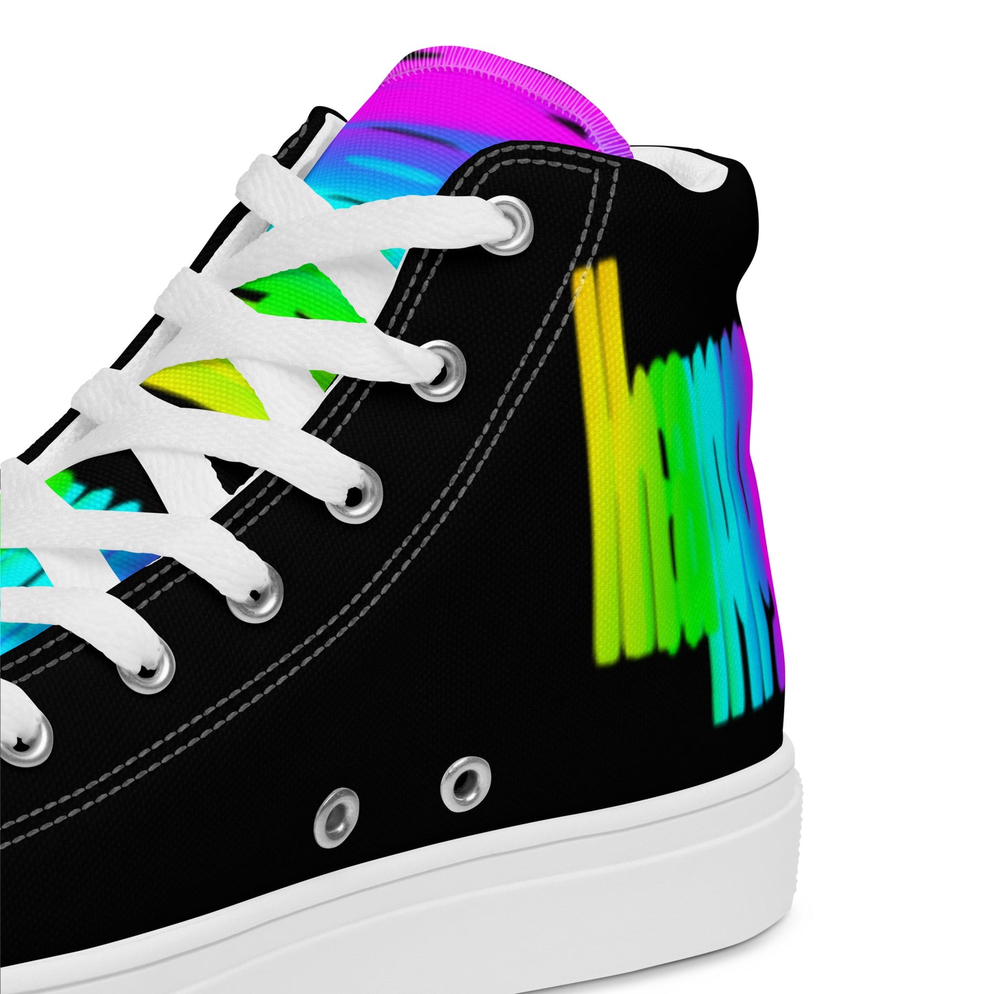 HappyStuff black high tops rainbow shoes Happy Rainbow Painted Print bright colour spectrum tongue closeup view inside heel side