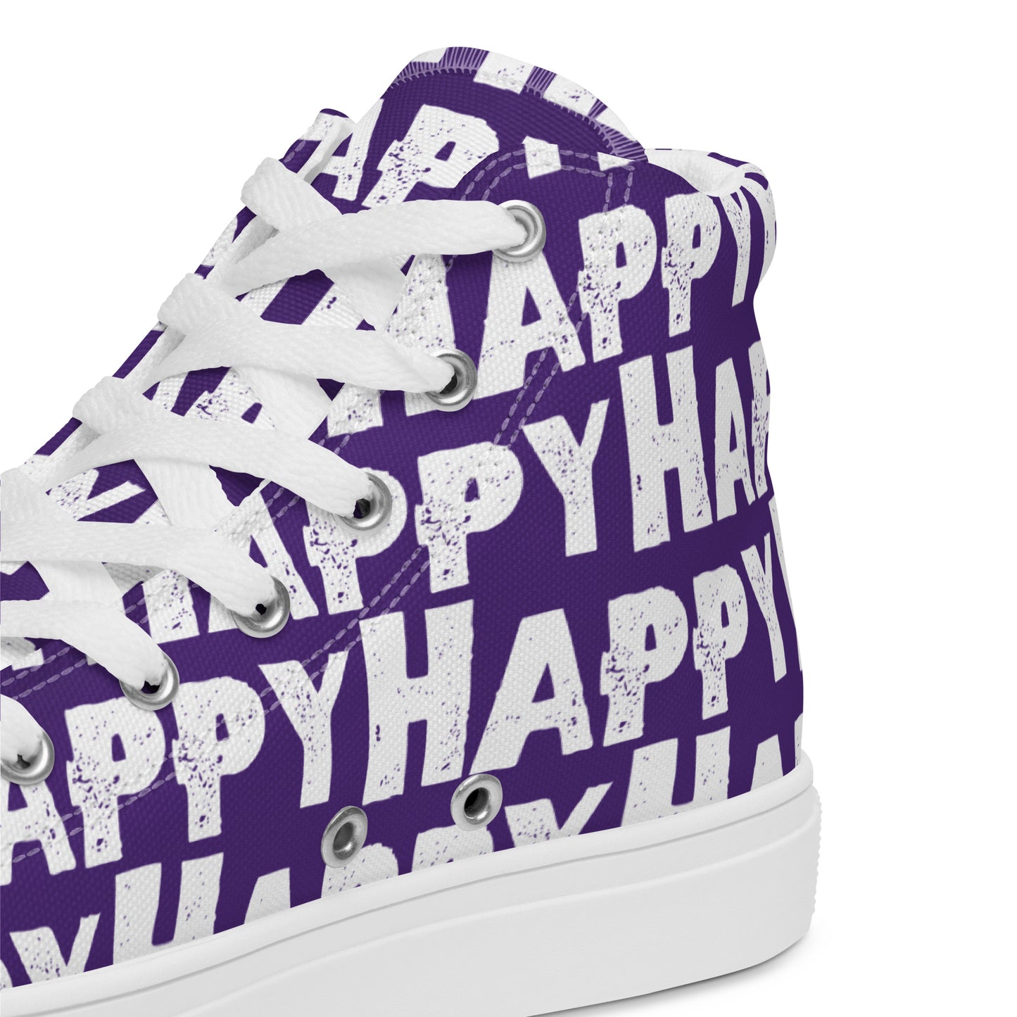 Womens Sneakers heel side closeup purple and white Happy Sponge Print High Tops HappyStuff brand