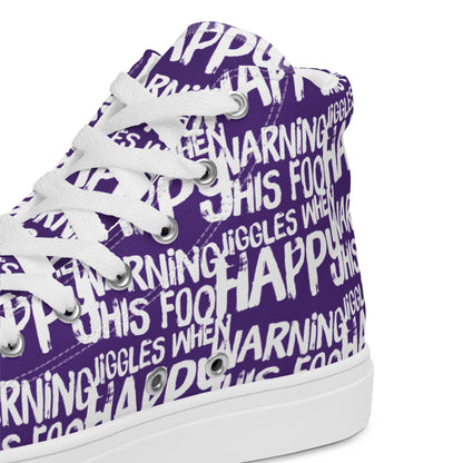 HappyStuff purple high tops with playful white print Warning This Foot Jiggles When Happy inside heel side closeup view