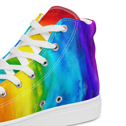 HappyStuff rainbow shoes holi colours printed on white high top sneakers close up view of inside heel tongue and white laces