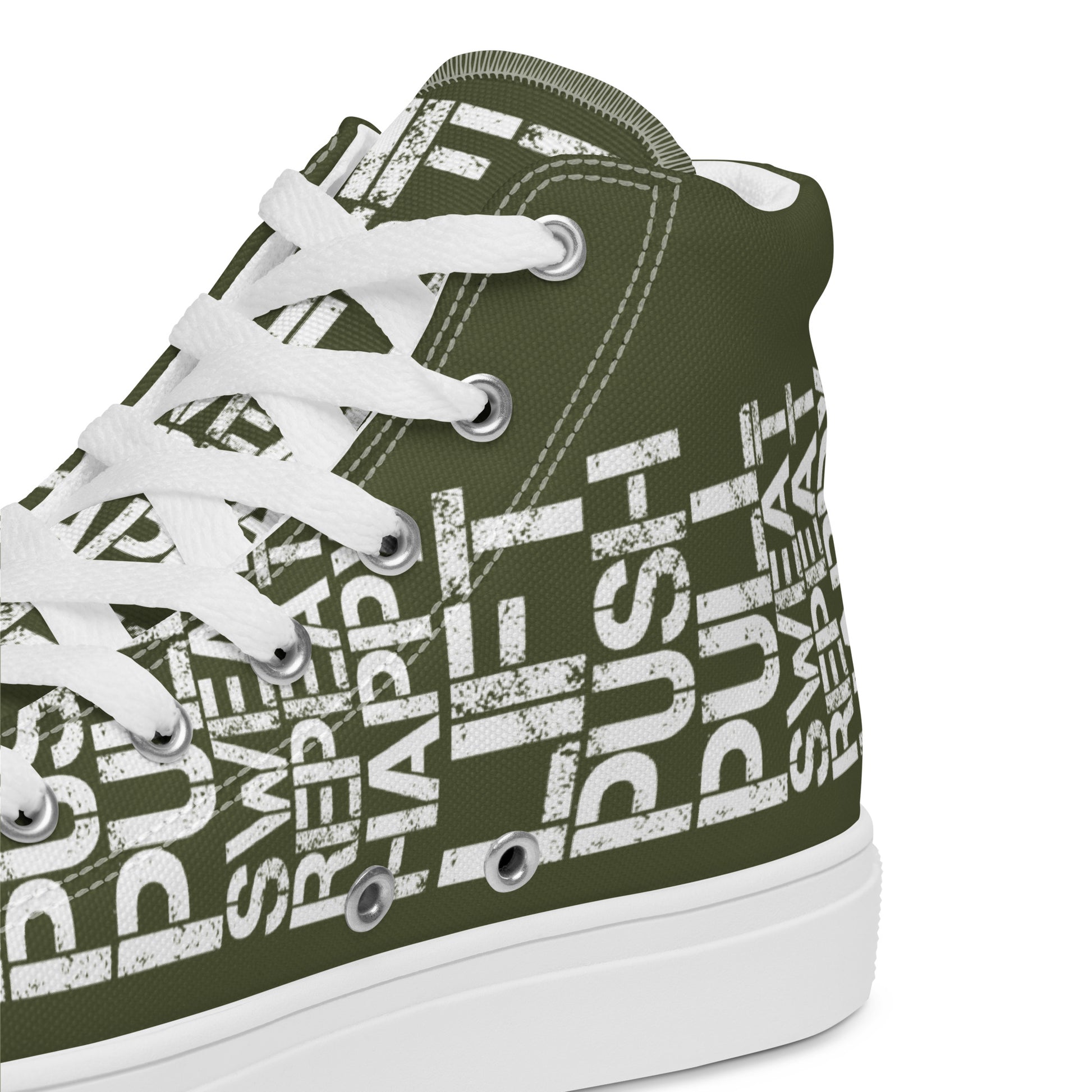 HappyStuff khaki green high tops with lift push pull sweat repeat happy distress print khaki green and white closeup view inside heel side