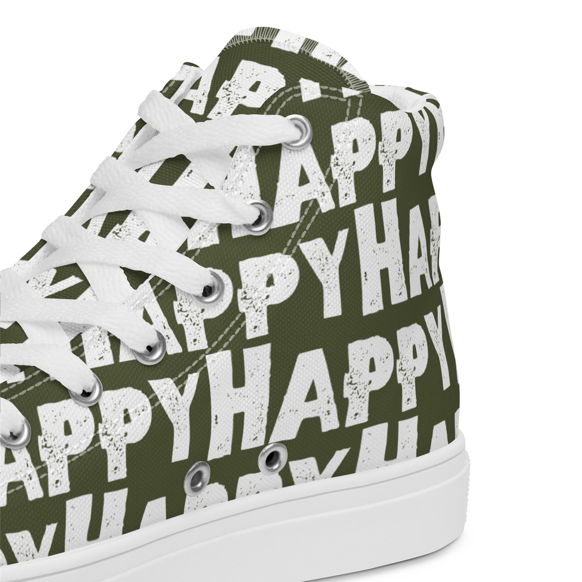 Womens Sneakers heel side closeup khaki green and white Happy Sponge Print High Tops HappyStuff brand