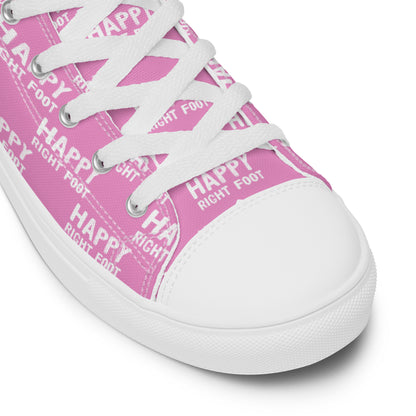 HappyStuff pink high tops Happy Left Foot Happy Right Foot Pattern Print white laces faux leather toe cap closeup