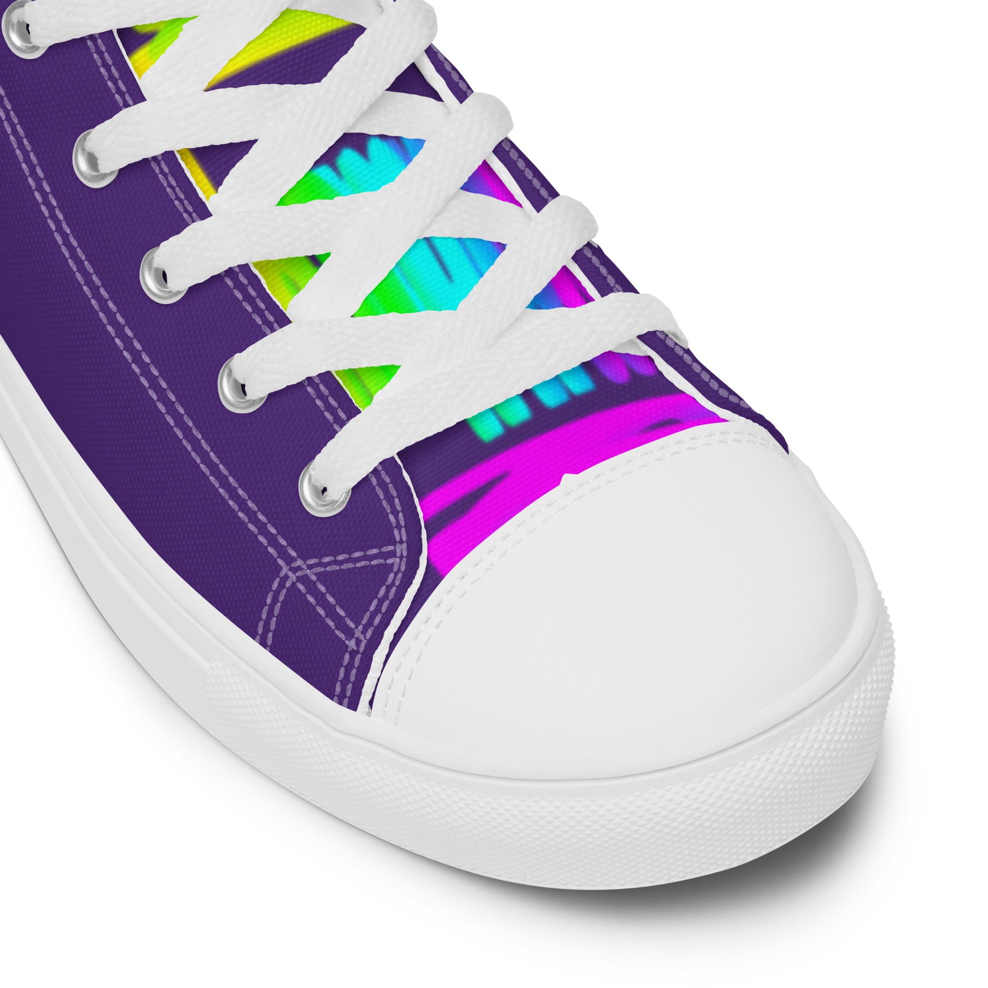 HappyStuff purple high tops rainbow shoes Happy Rainbow Painted Print bright colours white laces faux leather toe cap closeup