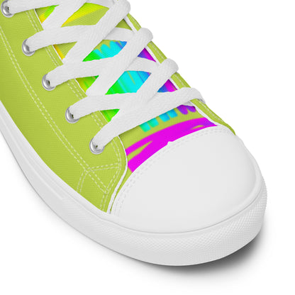 HappyStuff green high tops rainbow shoes Happy Rainbow Painted Print bright colours white laces faux leather toe cap closeup