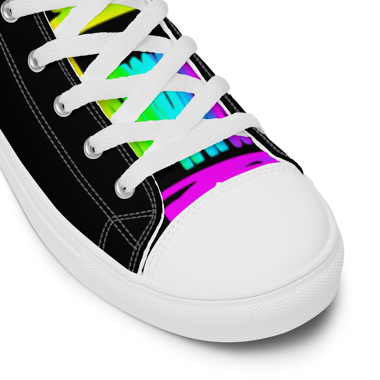 HappyStuff black high tops rainbow shoes Happy Rainbow Painted Print bright colours white laces faux leather toe cap closeup