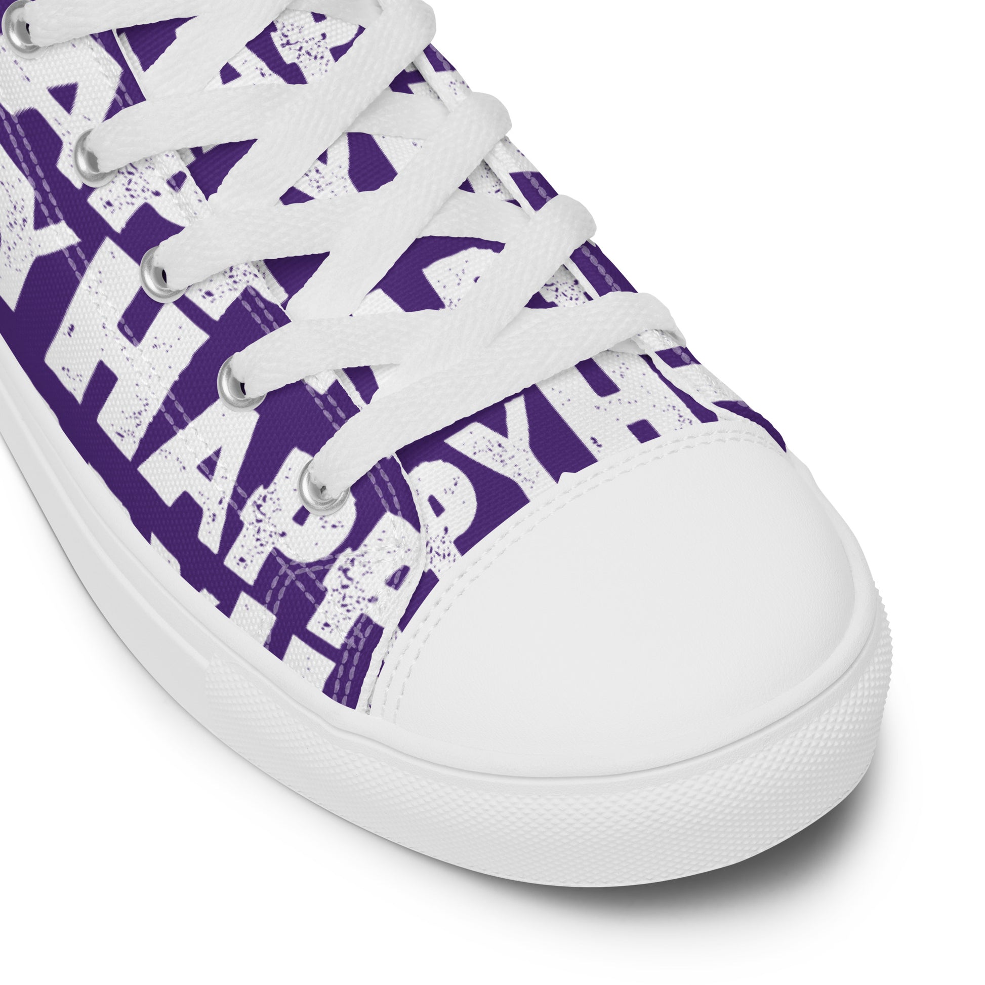 Fun Shoes purple and white Happy Sponge Print High Tops lace up White laces faux leather toe cap closeup