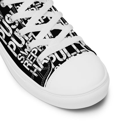 Black high tops lift push pull sweat repeat happy distress print gym shoe white laces faux leather toe cap closeup HappyStuff brand