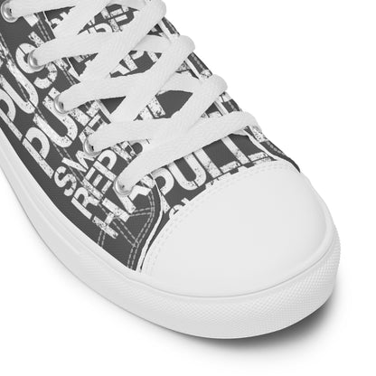 Slate grey high tops lift push pull sweat repeat happy distress print gym shoe white laces faux leather toe cap closeup HappyStuff brand