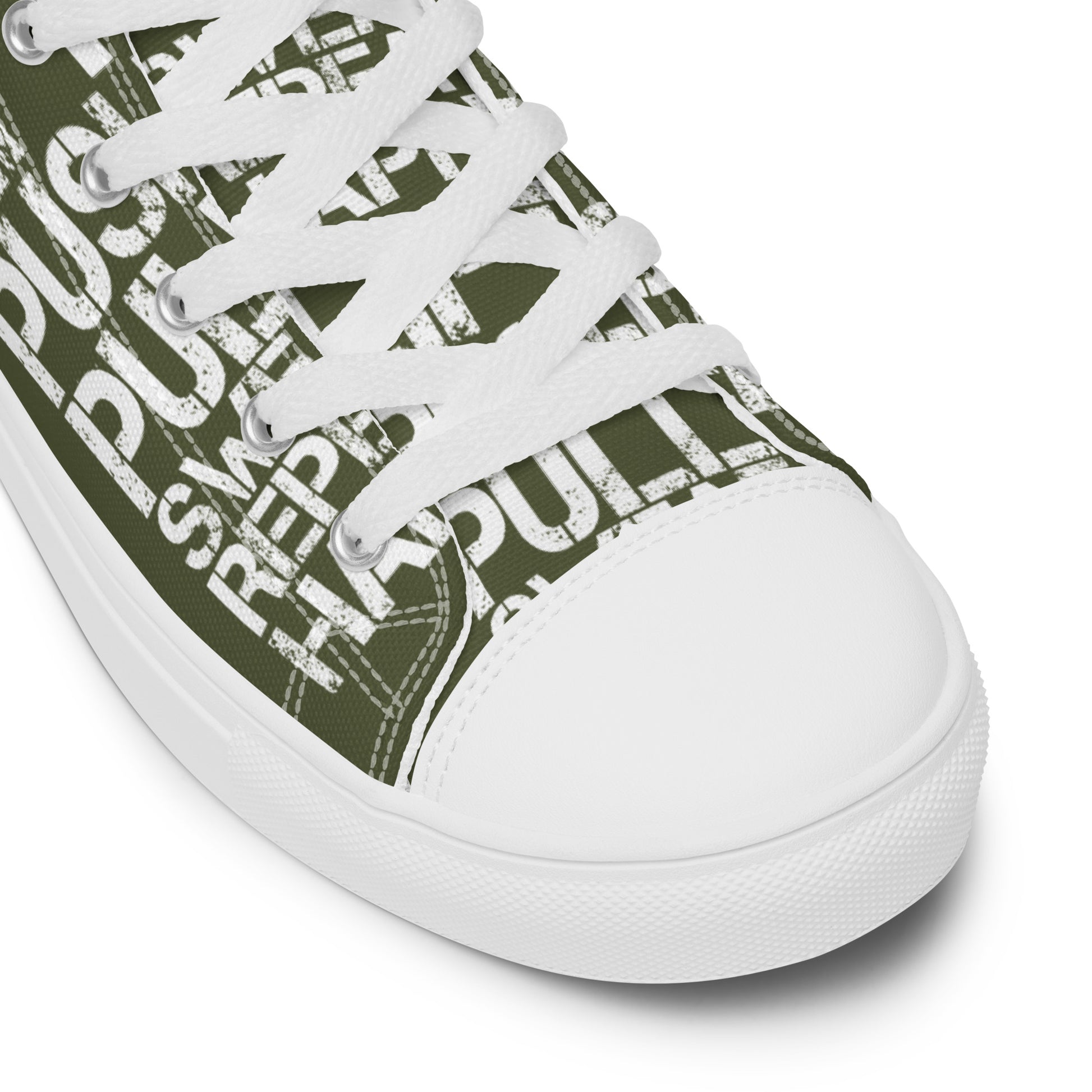 Khaki green high tops lift push pull sweat repeat happy distress print gym shoe white laces faux leather toe cap closeup HappyStuff brand