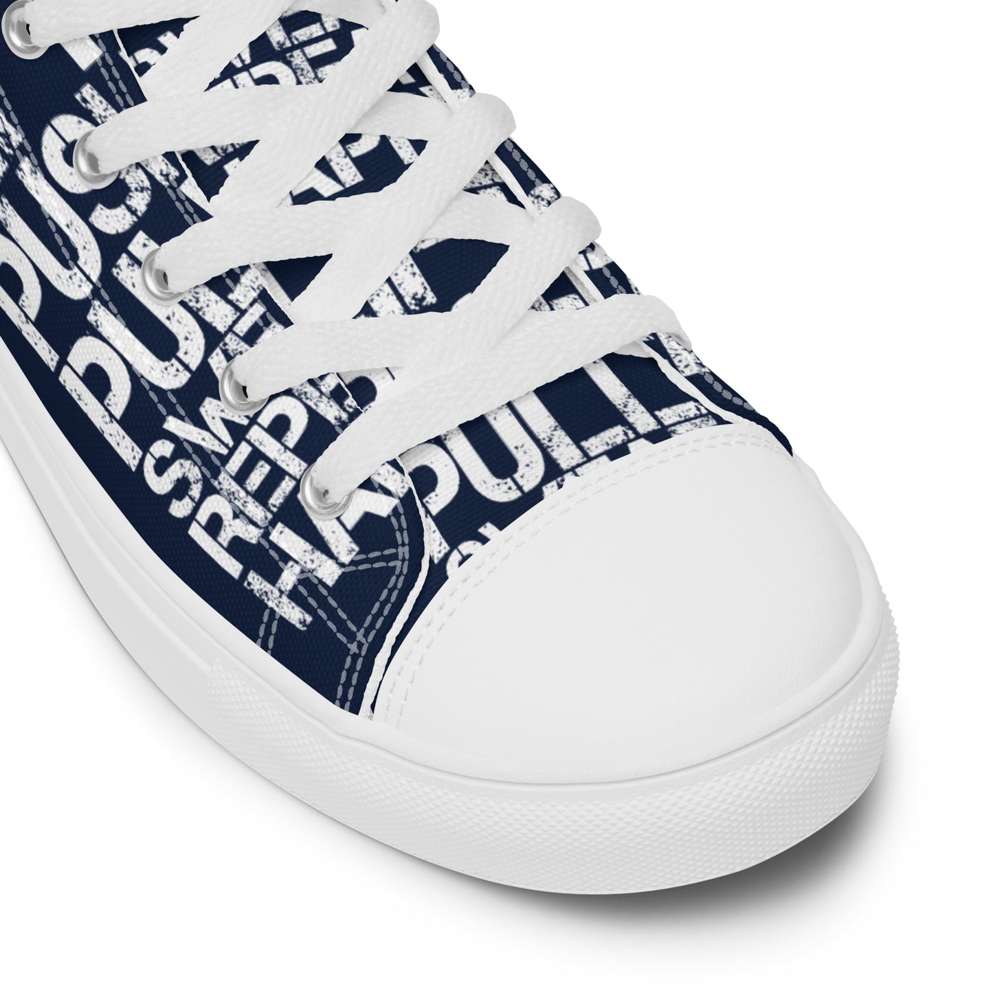 Navy blue high tops lift push pull sweat repeat happy distress print gym shoe white laces faux leather toe cap closeup HappyStuff brand