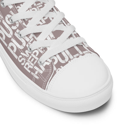 Taupe high tops lift push pull sweat repeat happy distress print gym shoe white laces faux leather toe cap closeup HappyStuff brand