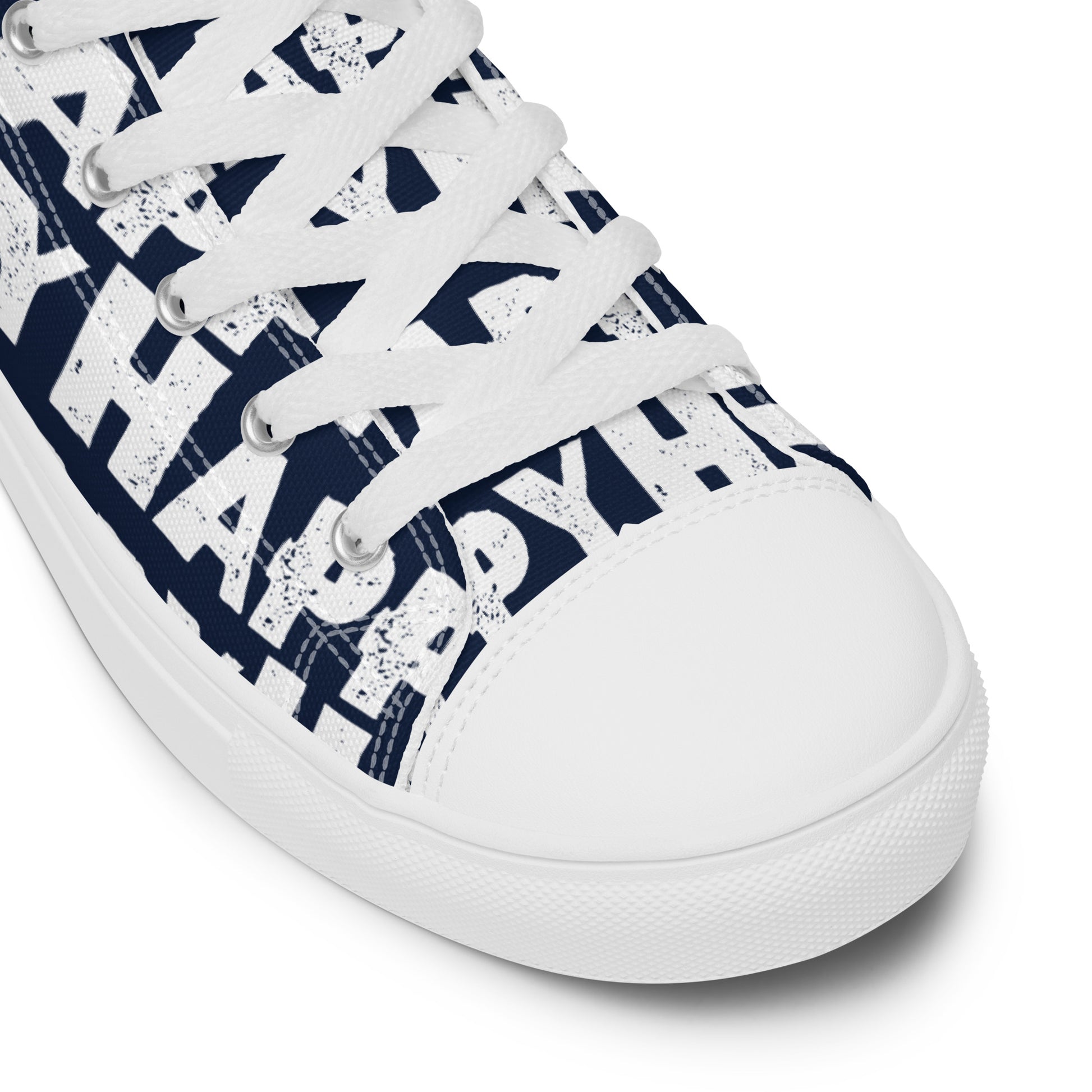 Fun Shoes navy blue and white Happy Sponge Print High Tops lace up White laces faux leather toe cap closeup