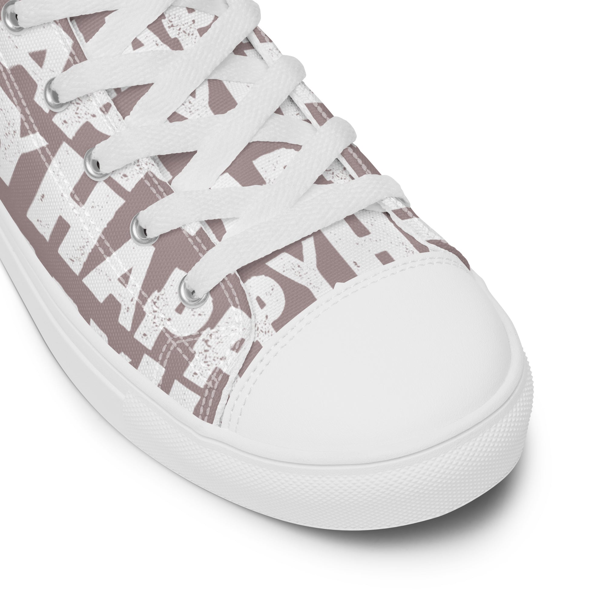 Fun Shoes taupe and white Happy Sponge Print High Tops lace up White laces faux leather toe cap closeup