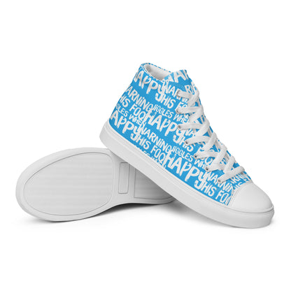 HappyStuff womens blue high tops with playful white print Warning This Foot Jiggles When Happy EVA Rubber outsole closeup sole view