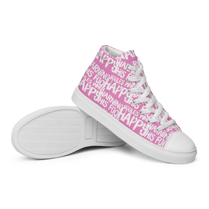 HappyStuff womens pink high tops with playful white print Warning This Foot Jiggles When Happy EVA Rubber outsole closeup sole view