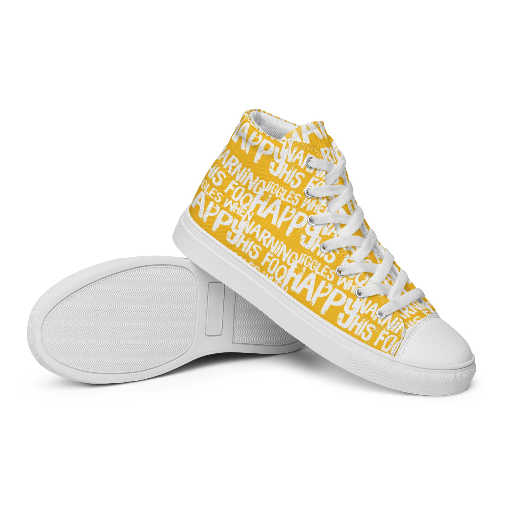 HappyStuff womens yellow high tops with playful white print Warning This Foot Jiggles When Happy EVA Rubber outsole closeup sole view