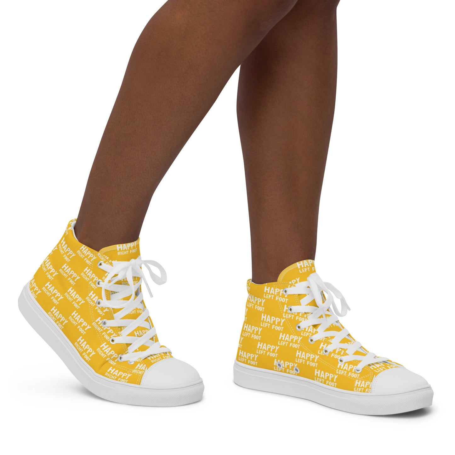 Walking right in womens sneakers HappyStuff high top yellow shoes Happy Left Foot Happy Right Foot Pattern Print yellow and white