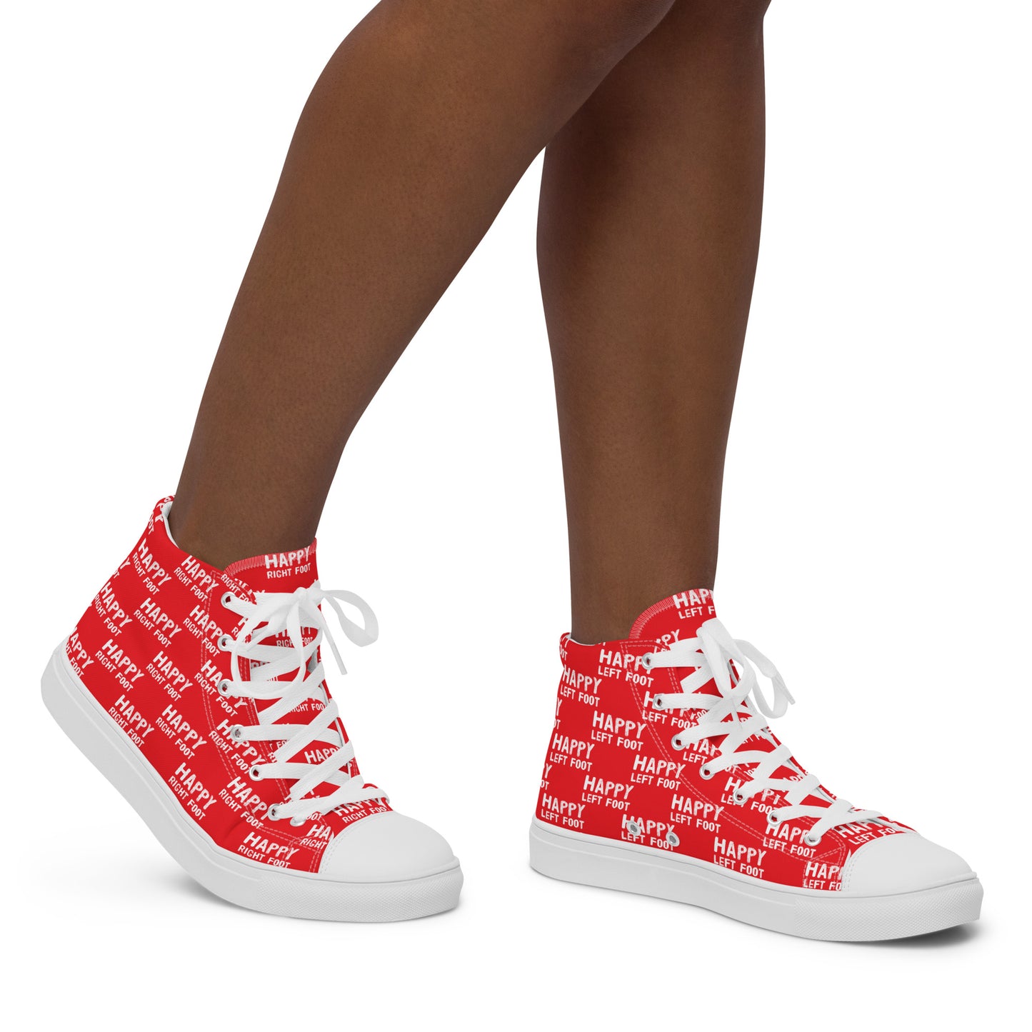 Walking right in womens sneakers HappyStuff high top red shoes Happy Left Foot Happy Right Foot Pattern Print red and white