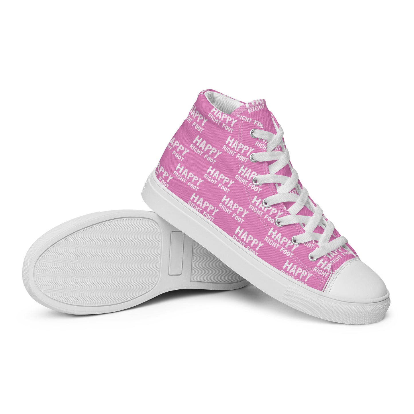 HappyStuff womens sneakers closeup sole view pink high tops with Happy Left Foot Happy Right Foot Pattern Print pink and white shoes