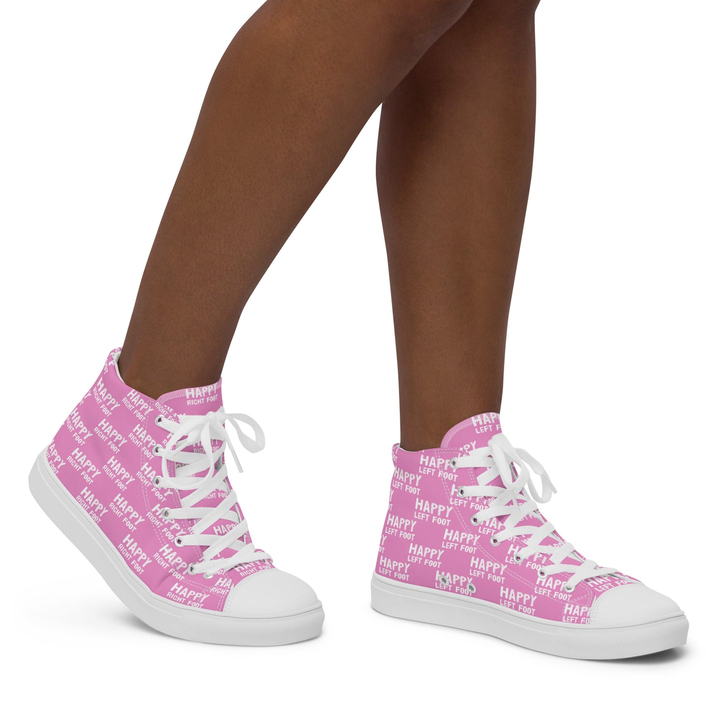 Walking right in womens sneakers HappyStuff high top pink shoes Happy Left Foot Happy Right Foot Pattern Print pink and white