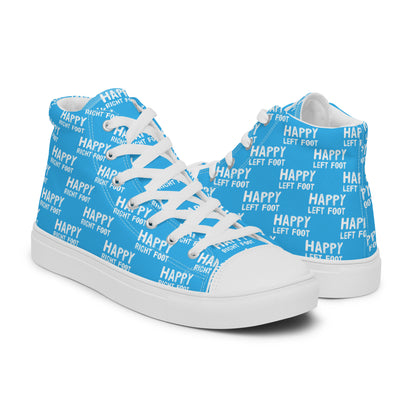 High tops womens right shoe front view left shoe back view Happy Left Foot Happy Right Foot Pattern Print blue and white shoes HappyStuff brand