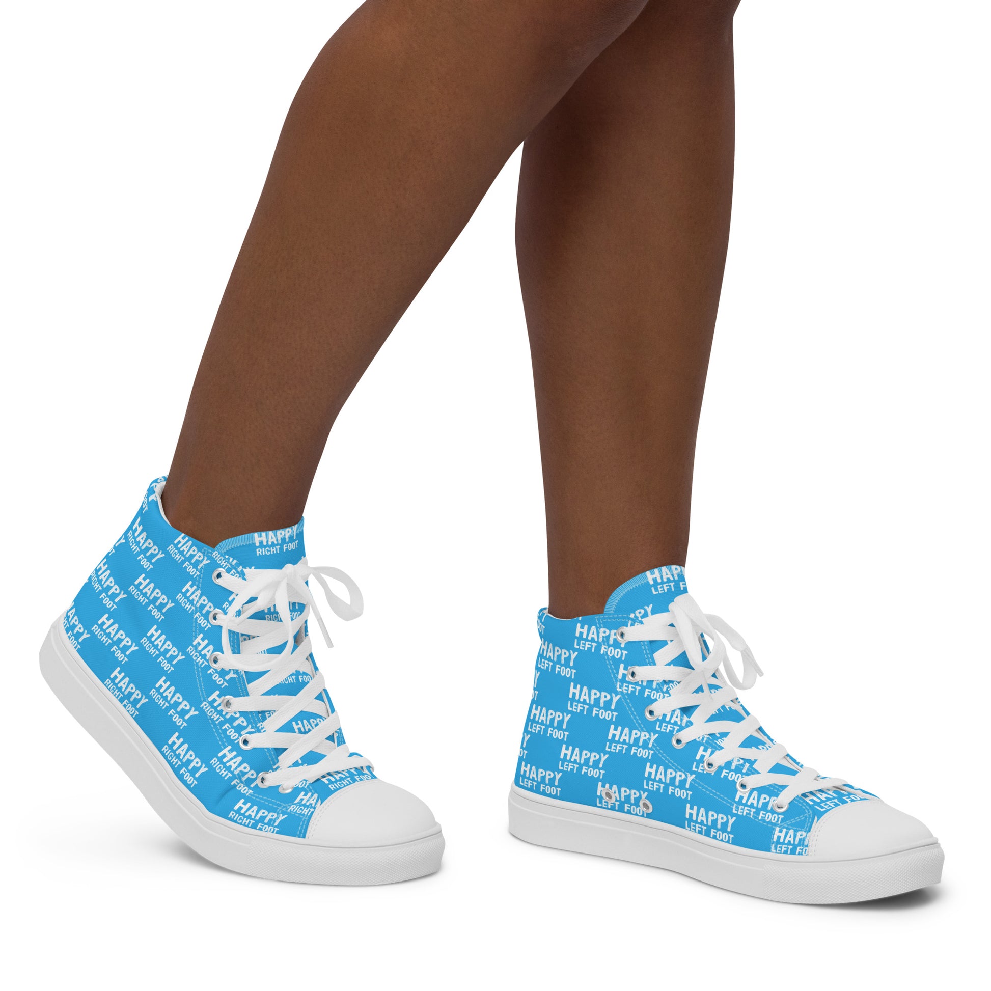 Walking right in womens sneakers HappyStuff high top blue shoes Happy Left Foot Happy Right Foot Pattern Print blue and white