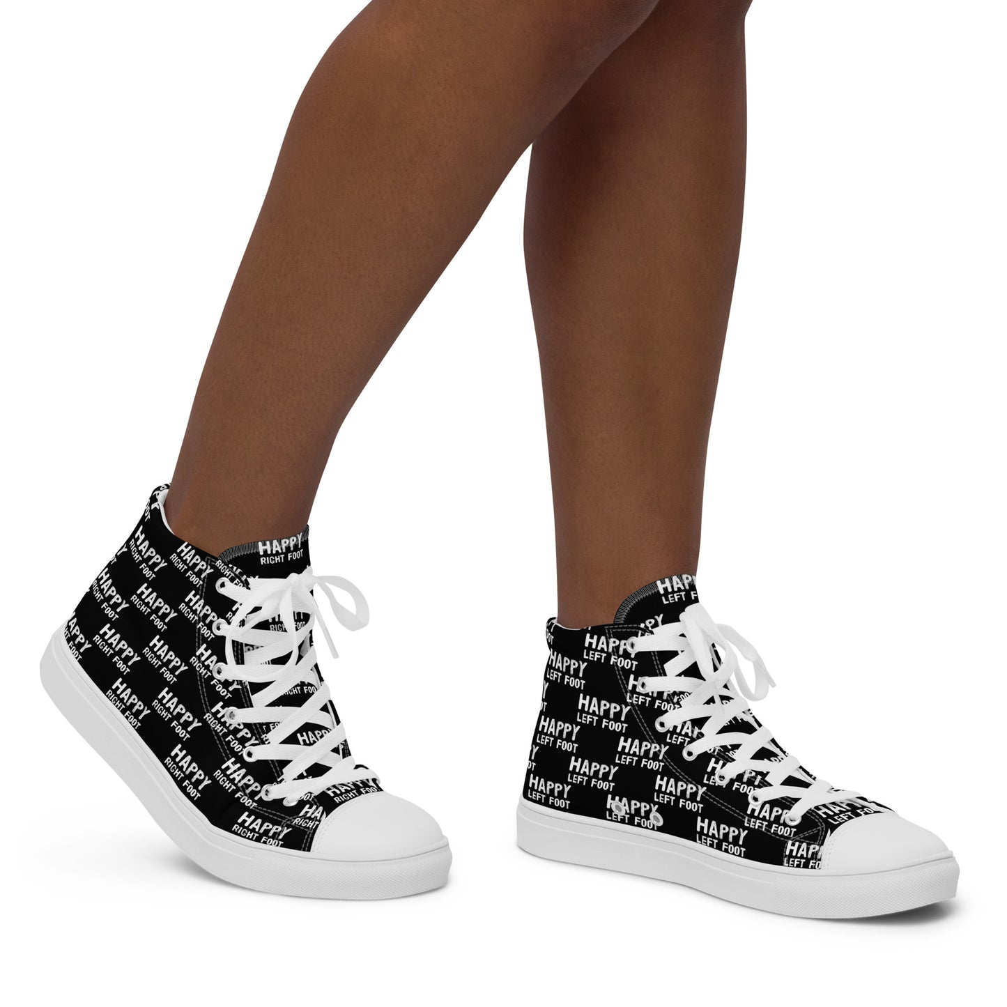 Walking right in womens sneakers HappyStuff high top black shoes Happy Left Foot Happy Right Foot Pattern Print black and white