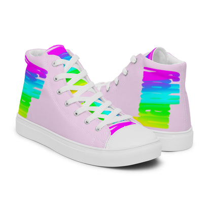 Rainbow shoes HappyStuff womens high tops Happy Rainbow Painted Print bright colours on pink shoes right shoe front view left shoe back view