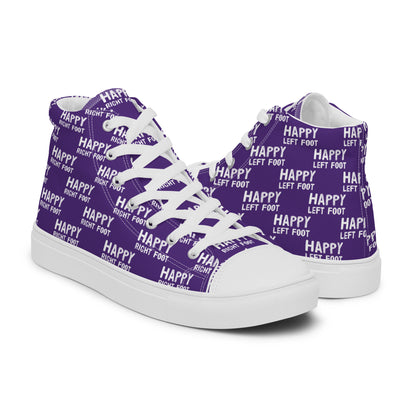 High tops womens right shoe front view left shoe back view Happy Left Foot Happy Right Foot Pattern Print purple and white shoes HappyStuff brand