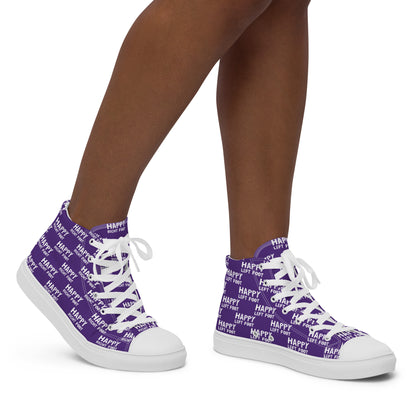 Walking right in womens sneakers HappyStuff high top purple shoes Happy Left Foot Happy Right Foot Pattern Print purple and white