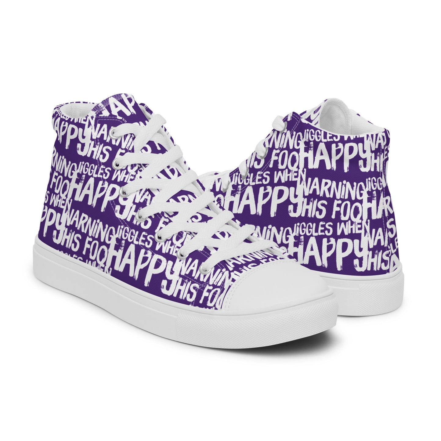 Womens purple high tops with playful white print Warning This Foot Jiggles When Happy right shoe front view left shoe back view