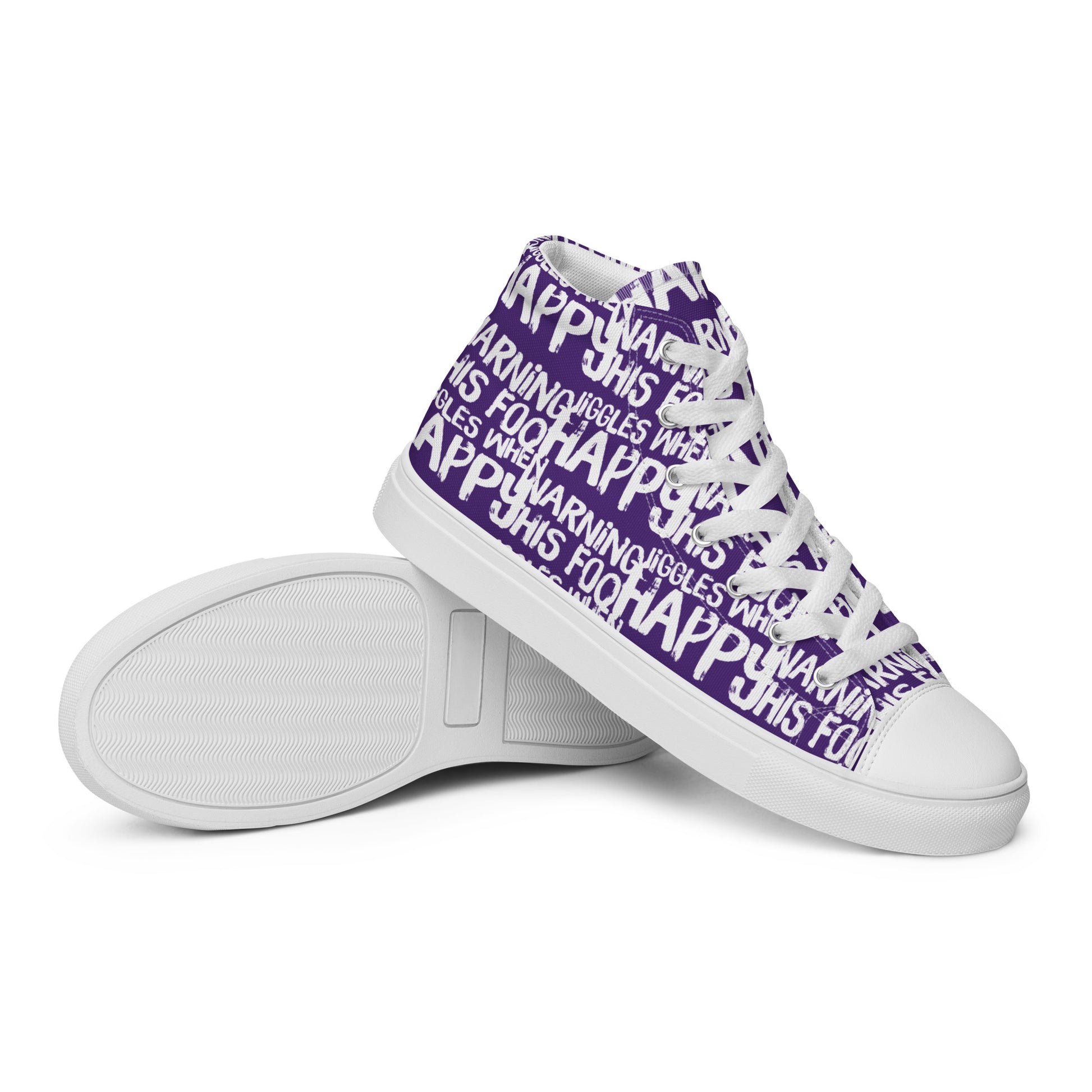 HappyStuff womens purple high tops with playful white print Warning This Foot Jiggles When Happy EVA Rubber outsole closeup sole view