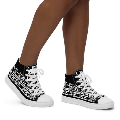 Walking right in womens sneakers HappyStuff high top black shoes lift push pull sweat repeat happy distress print black and white