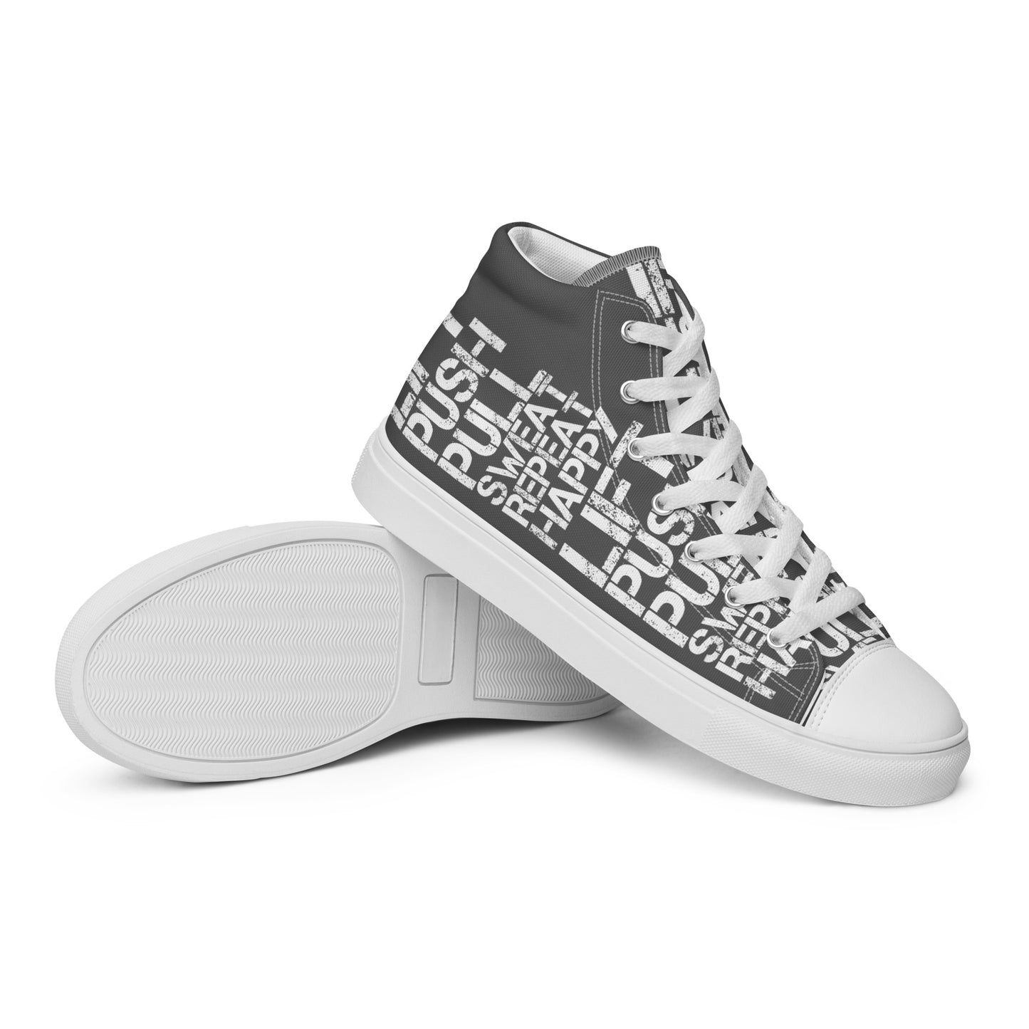 Womens sneakers closeup sole view slate grey high tops with lift push pull sweat repeat happy distress print slate grey and white shoes HappyStuff brand