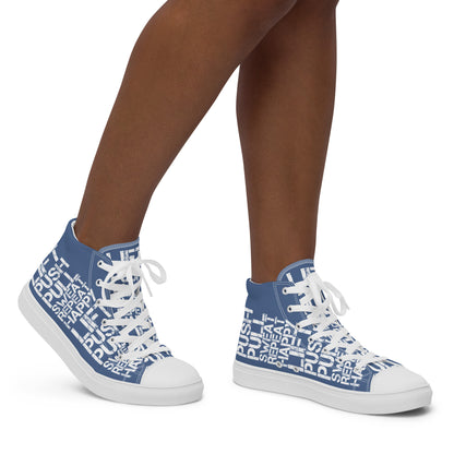 Walking right in womens sneakers HappyStuff high top denim blue shoes lift push pull sweat repeat happy distress print denim blue and white