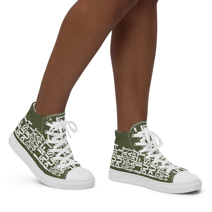 Walking right in womens sneakers HappyStuff high top khaki green shoes lift push pull sweat repeat happy distress print khaki green and white