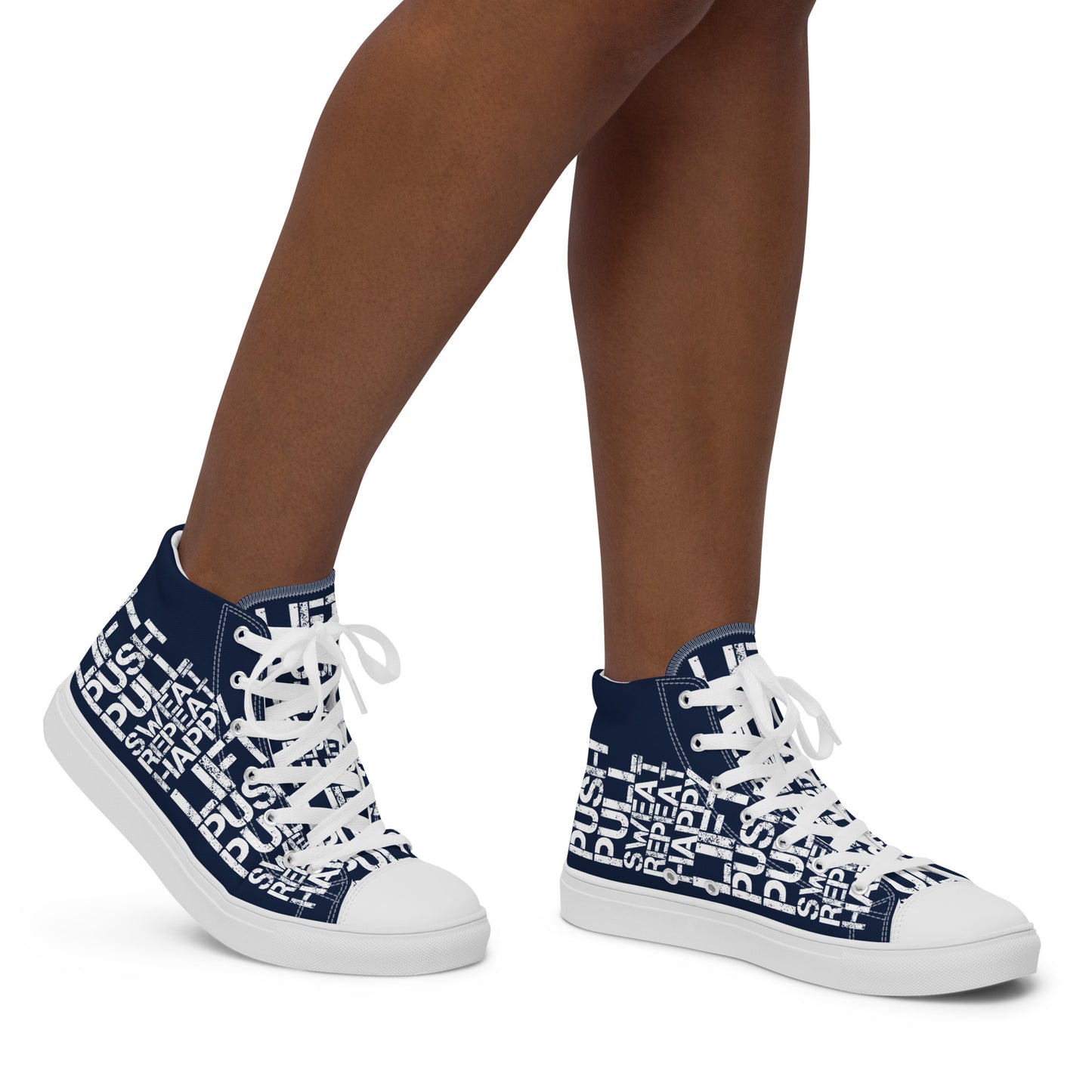 Walking right in womens sneakers HappyStuff high top navy blue shoes lift push pull sweat repeat happy distress print navy blue and white