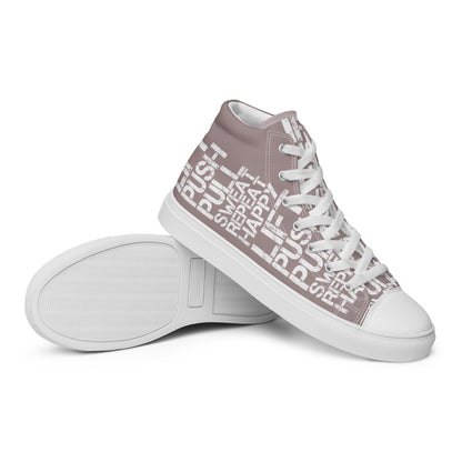 Womens sneakers closeup sole view taupe high tops with lift push pull sweat repeat happy distress print taupe and white shoes HappyStuff brand