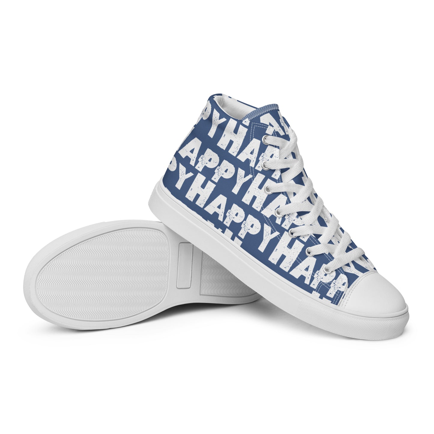 Vintage Shoes style denim blue and white Happy Sponge Print High Tops EVA Rubber Outsole closeup sole view