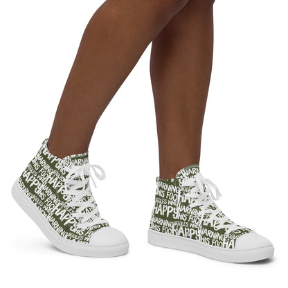 Women's High Tops "Warning This Foot Jiggles When Happy" Painted All Over Canvas Khaki Green Sneakers