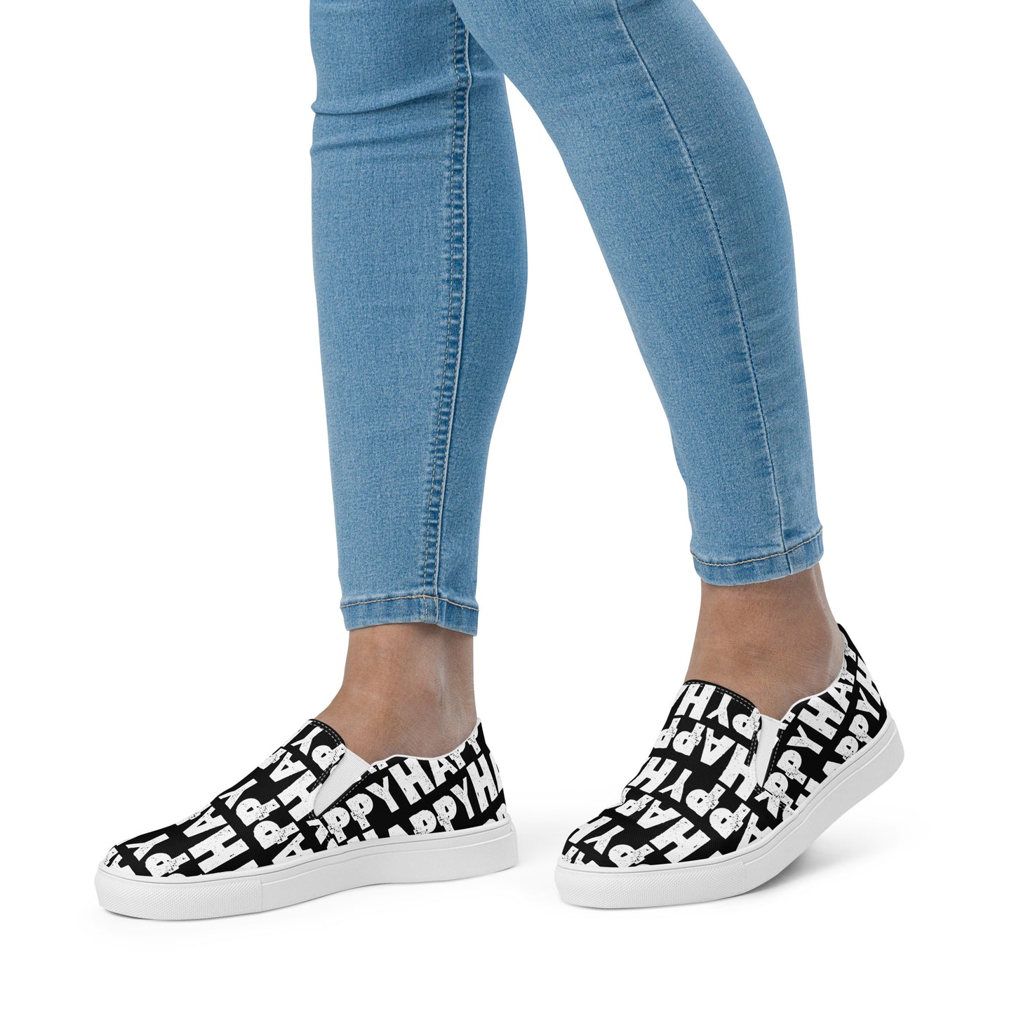 Womans feet walking in Slip on Shoes Happy sponge printed Deck Shoes canvas sneakers black and white shoes HappyStuff brand